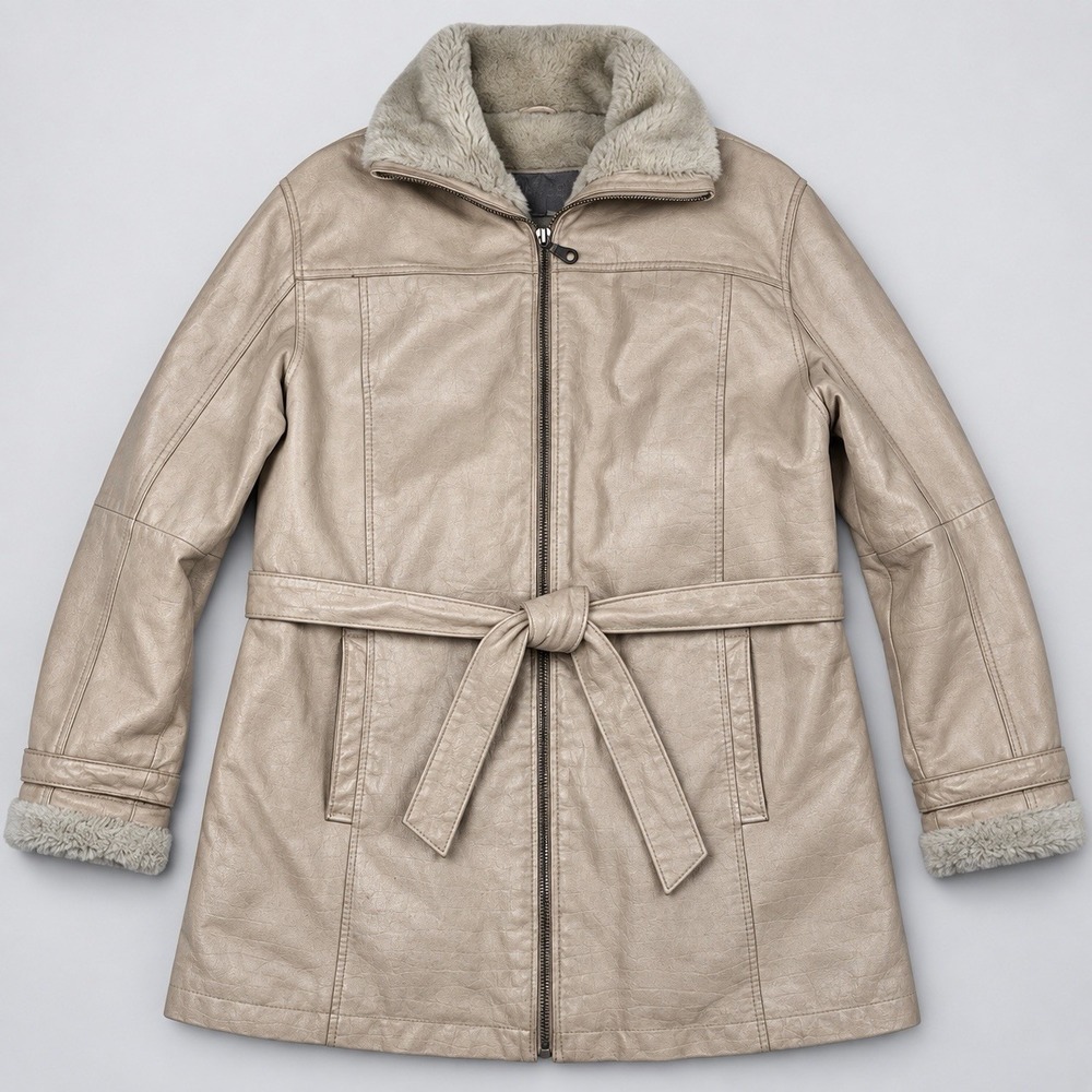 Wilsons Leather Jacket Womens Large Beige Trench Coat Faux Fur Quilted Lined Y2K